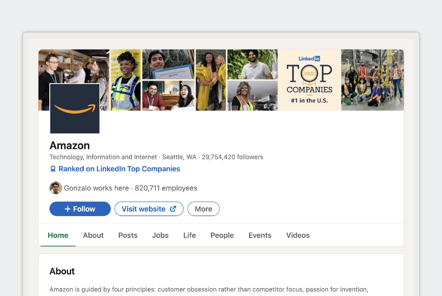 la page de couverture Linkedin Business d'Amazon en anglais la page de couverture Linkedin d'Amazon