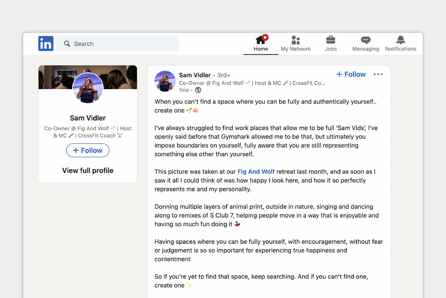 Post sur LinkedIn Business Page LinkedIn personnelle du propriétaire de l'entreprise montrant comment elle utilise l'image de marque personnelle pour promouvoir son entreprise